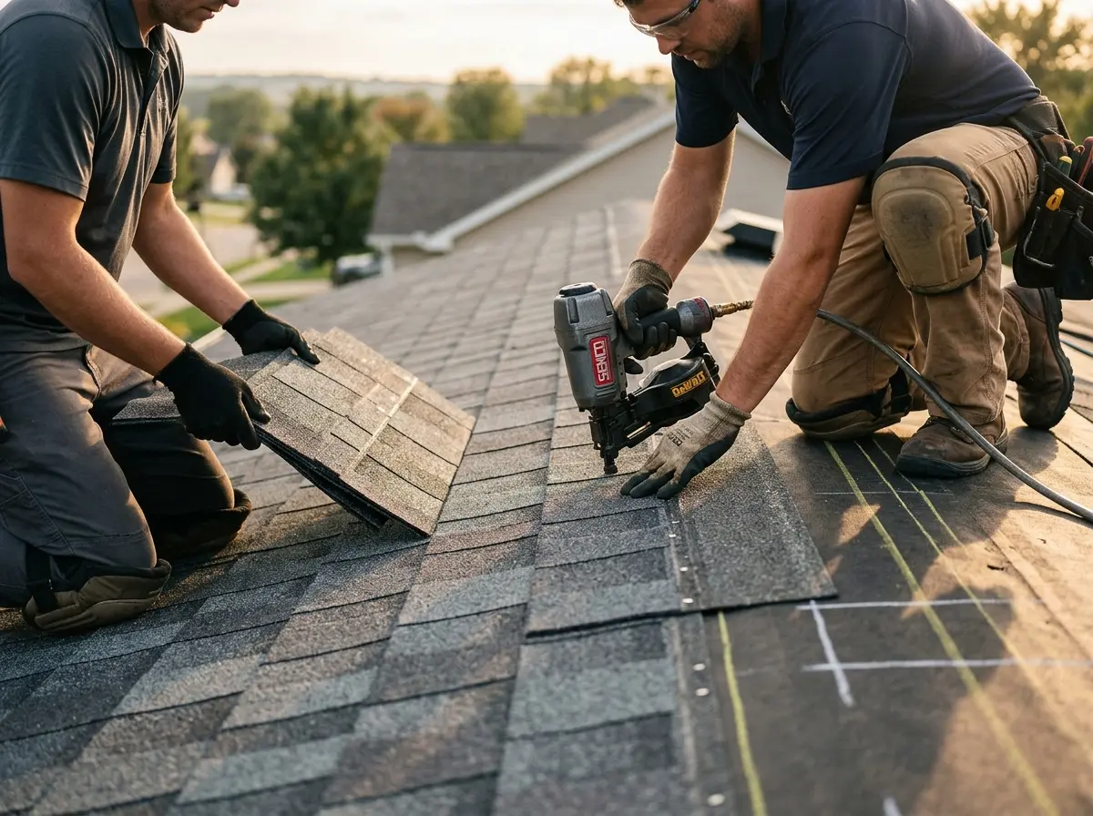 Professional roofer working on a residential roof in Woodcliff Lake
